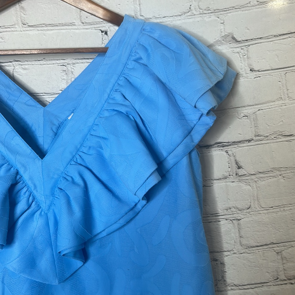 Emily Mccarthy Blue Ruffled V-Neck Dress Size X-Large Excellent Condition — image 5 of 8